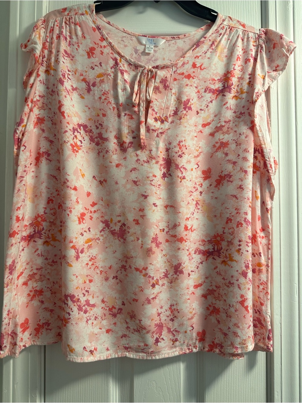 Time and Tru Pink Floral Tie-Neck Blouse